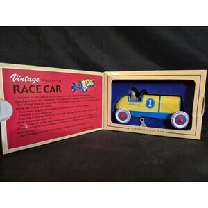Schylling 1990s Vintage Race Car tin windup toy box key New In Box